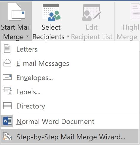 Word Mail Merge menu with Mail Merge Wizard