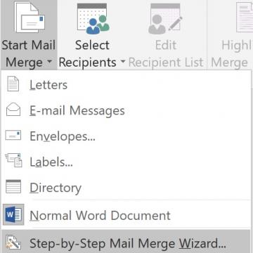 Word Mail Merge menu with Mail Merge Wizard