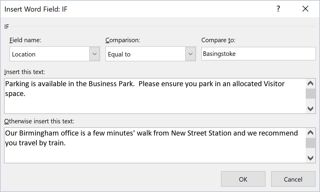 Word Mail Merge dialog box for inserting an IF field to specify conditional selection